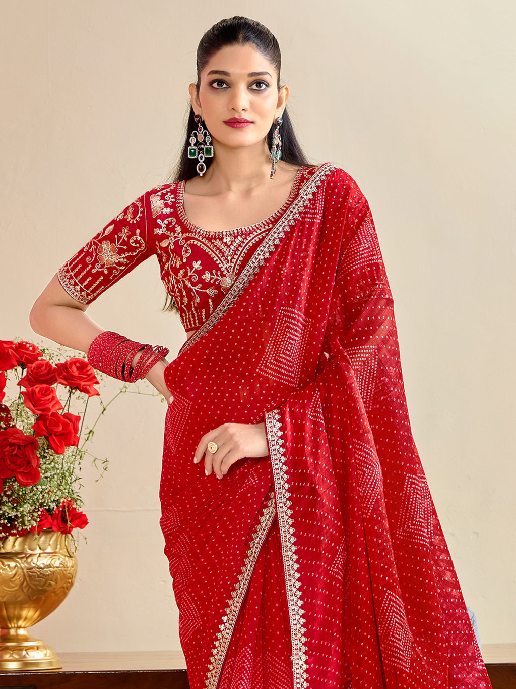 georgette red embroidered designer saree with blouse piece bndhniya1002
