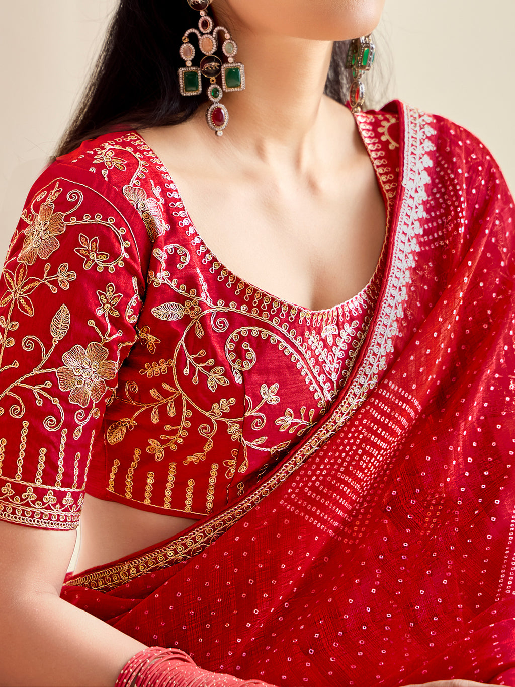 georgette red embroidered designer saree with blouse piece bndhniya1002