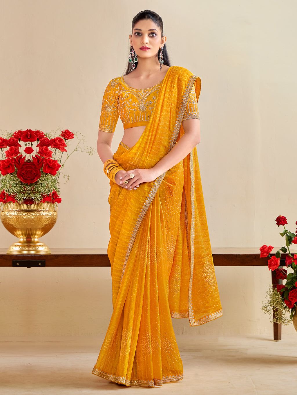 georgette yellow embroidered designer saree with blouse piece bndhniya1003