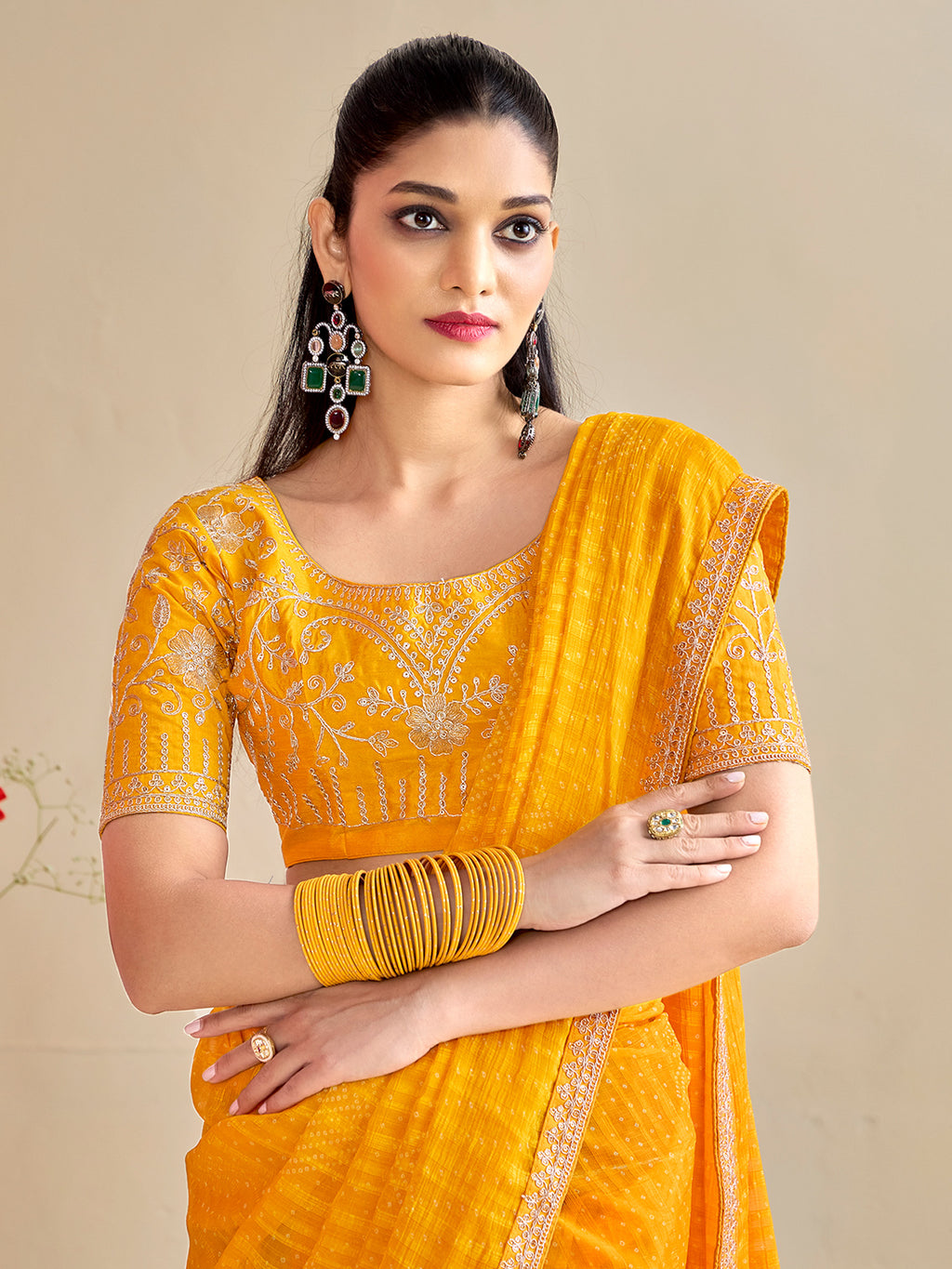 georgette yellow embroidered designer saree with blouse piece bndhniya1003