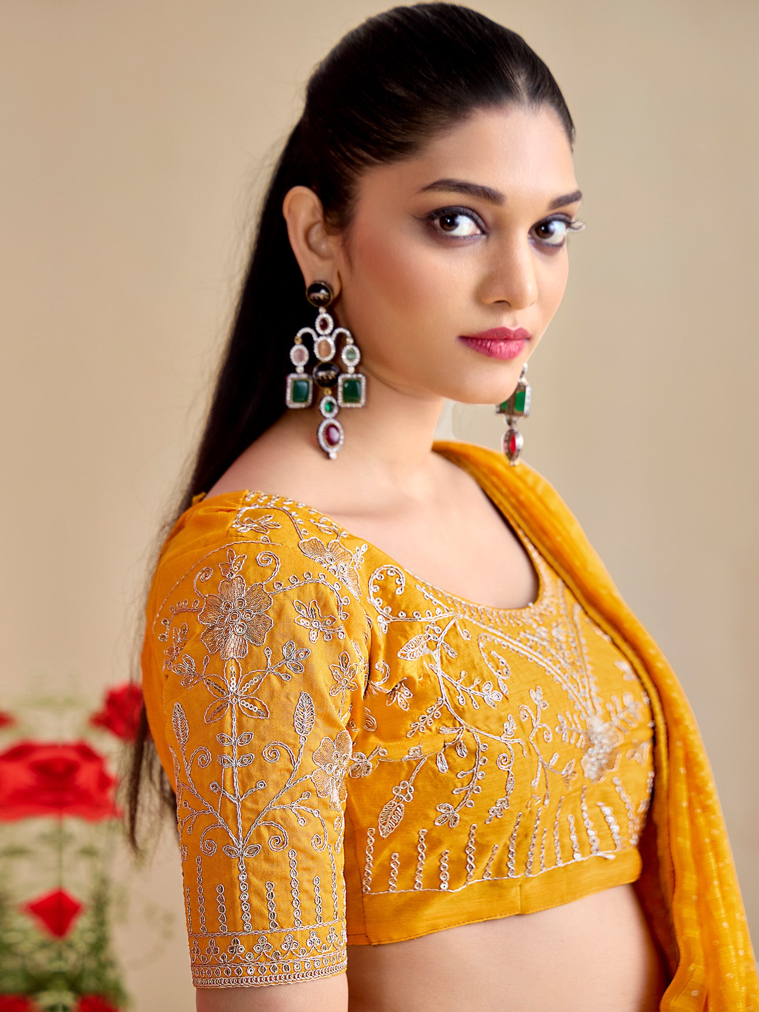 georgette yellow embroidered designer saree with blouse piece bndhniya1003