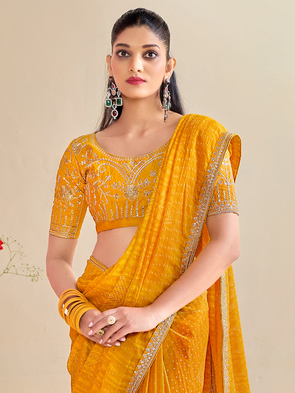 georgette yellow embroidered designer saree with blouse piece bndhniya1003