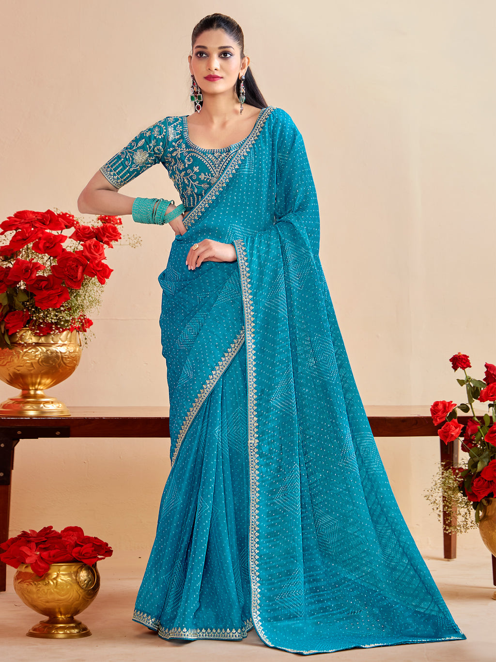 georgette light blue embroidered designer saree with blouse piece bndhniya1004