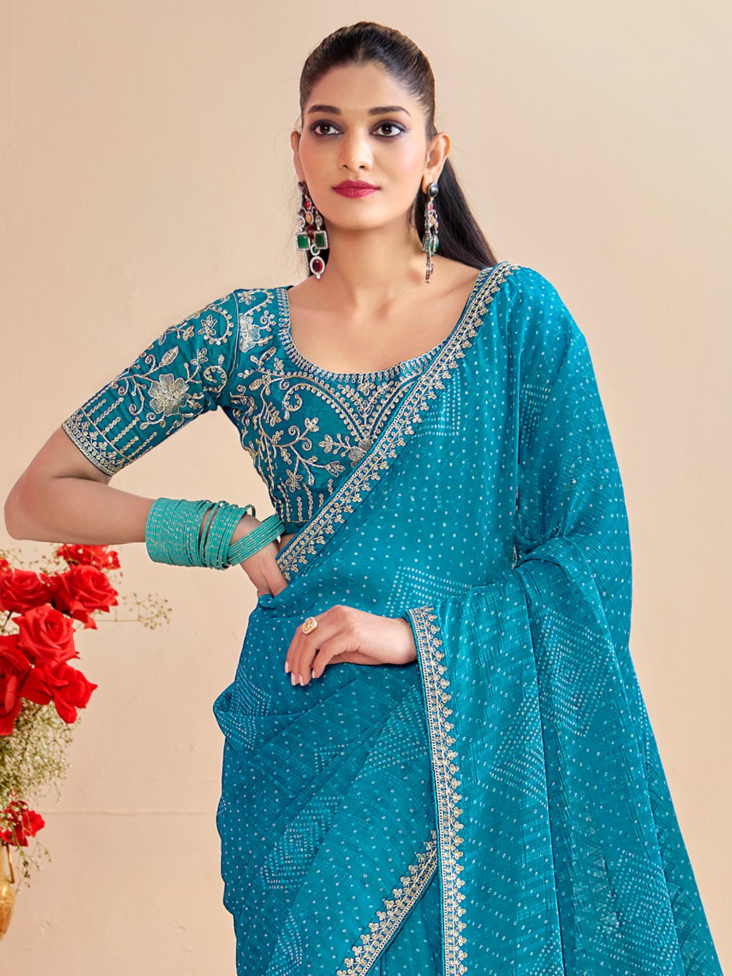 georgette light blue embroidered designer saree with blouse piece bndhniya1004