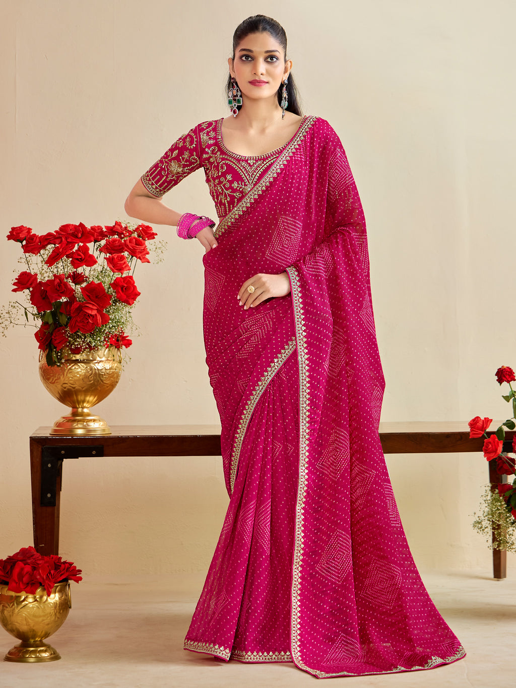 georgette pink embroidered designer saree with blouse piece bndhniya1005