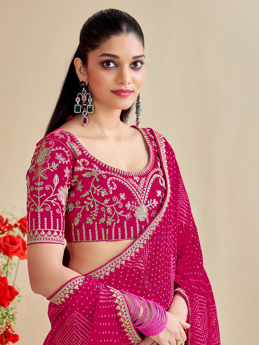 georgette pink embroidered designer saree with blouse piece bndhniya1005