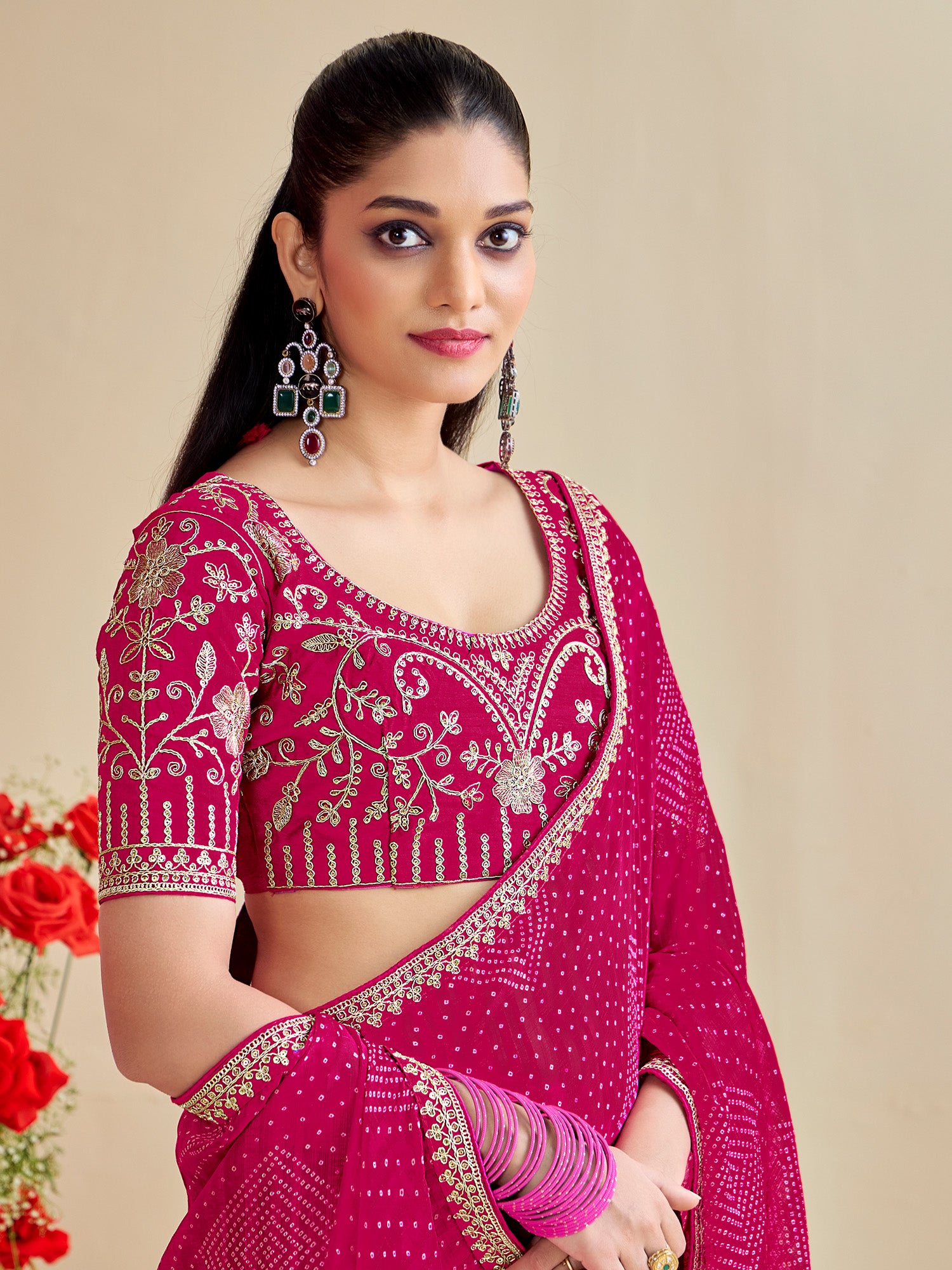 georgette pink embroidered designer saree with blouse piece bndhniya1005