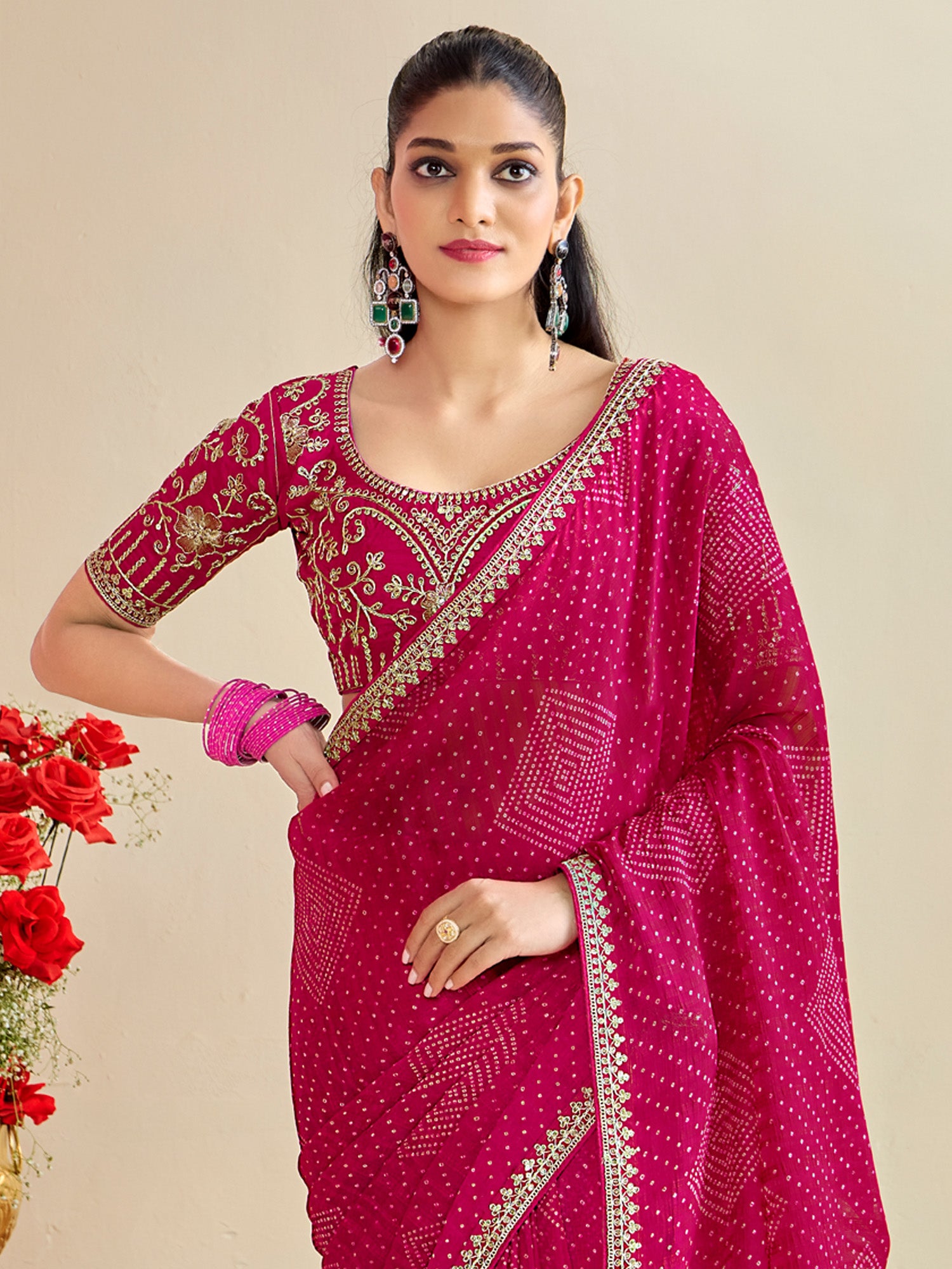 georgette pink embroidered designer saree with blouse piece bndhniya1005