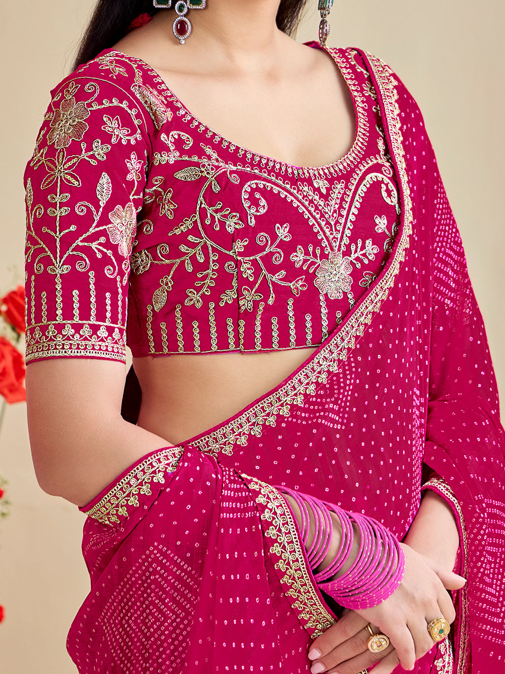 georgette pink embroidered designer saree with blouse piece bndhniya1005