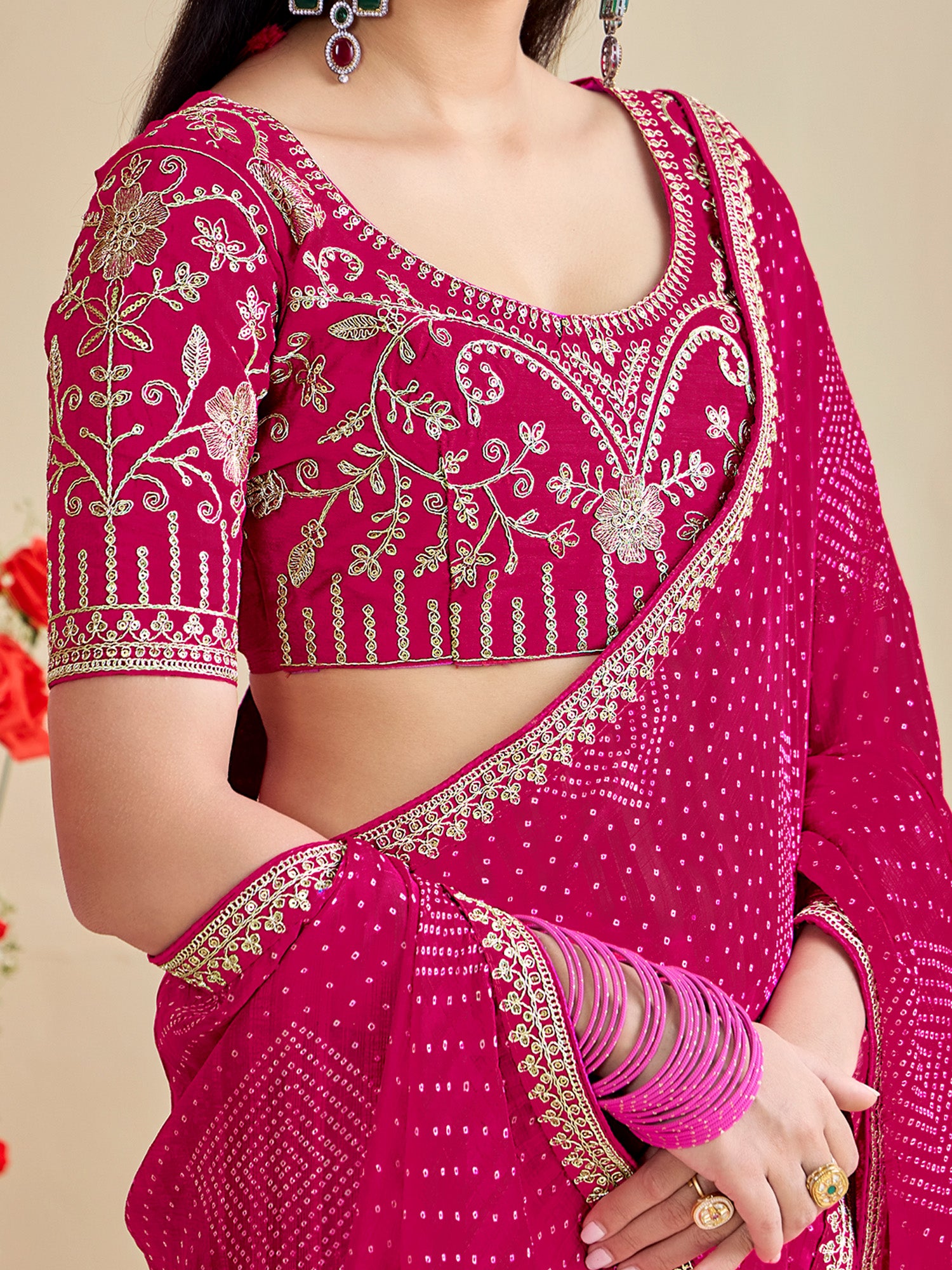 georgette pink embroidered designer saree with blouse piece bndhniya1005