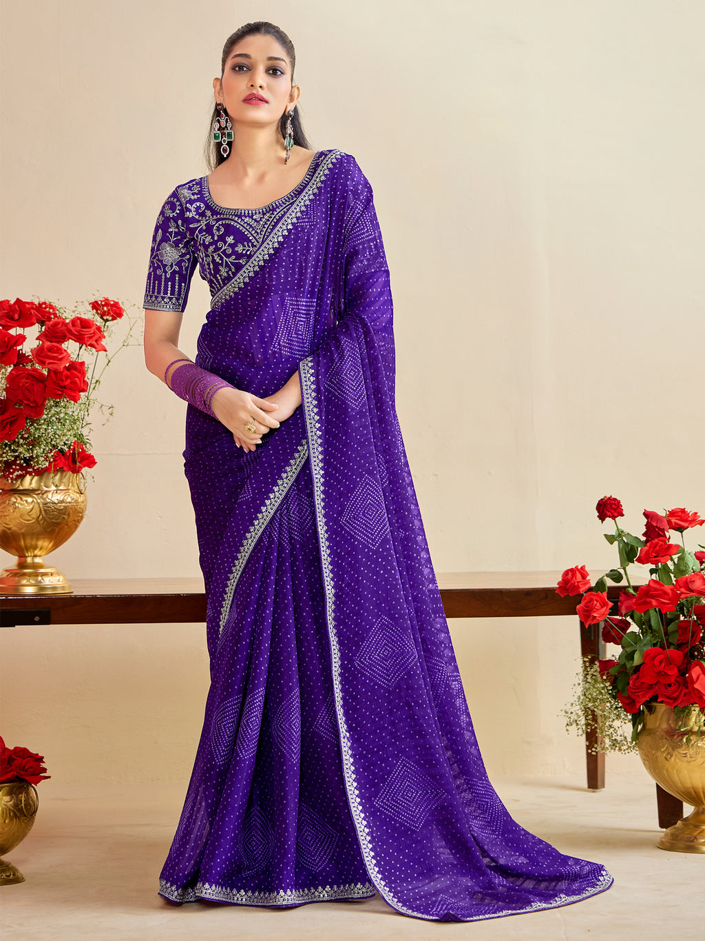georgette lavender embroidered designer saree with blouse piece bndhniya1006