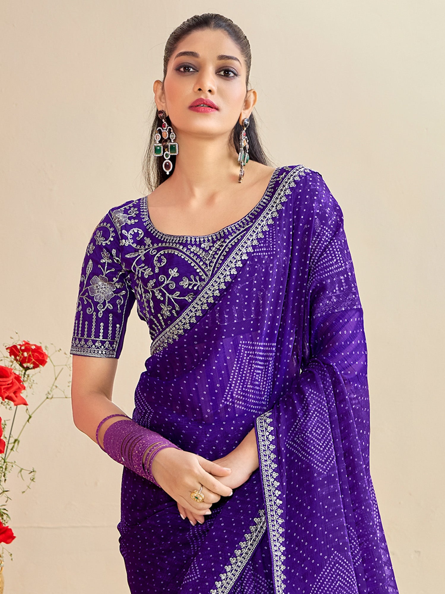 georgette lavender embroidered designer saree with blouse piece bndhniya1006