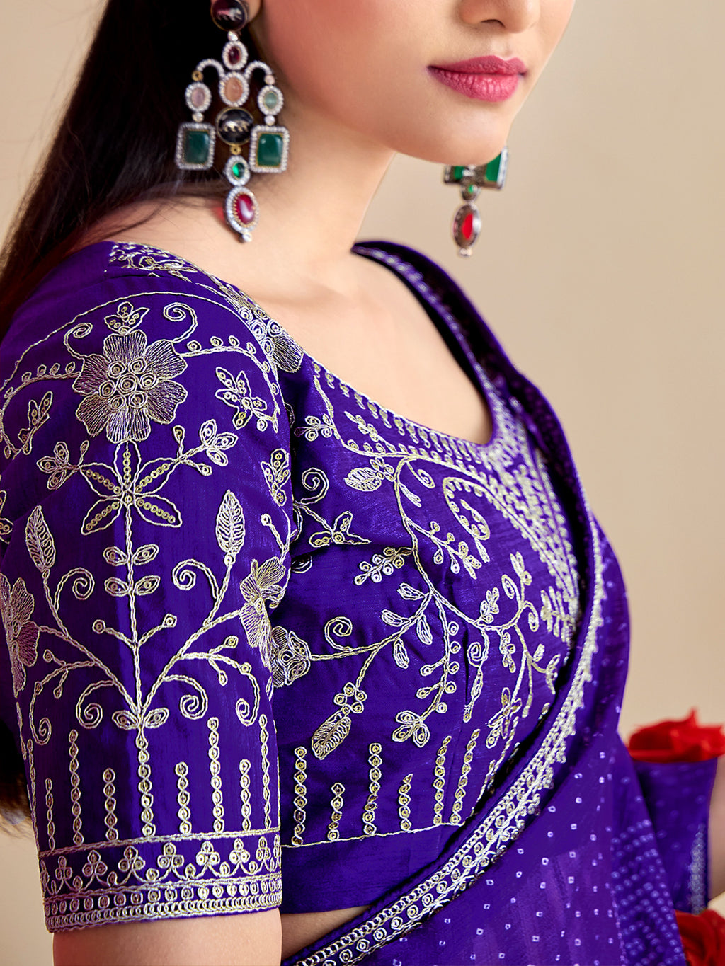 georgette lavender embroidered designer saree with blouse piece bndhniya1006