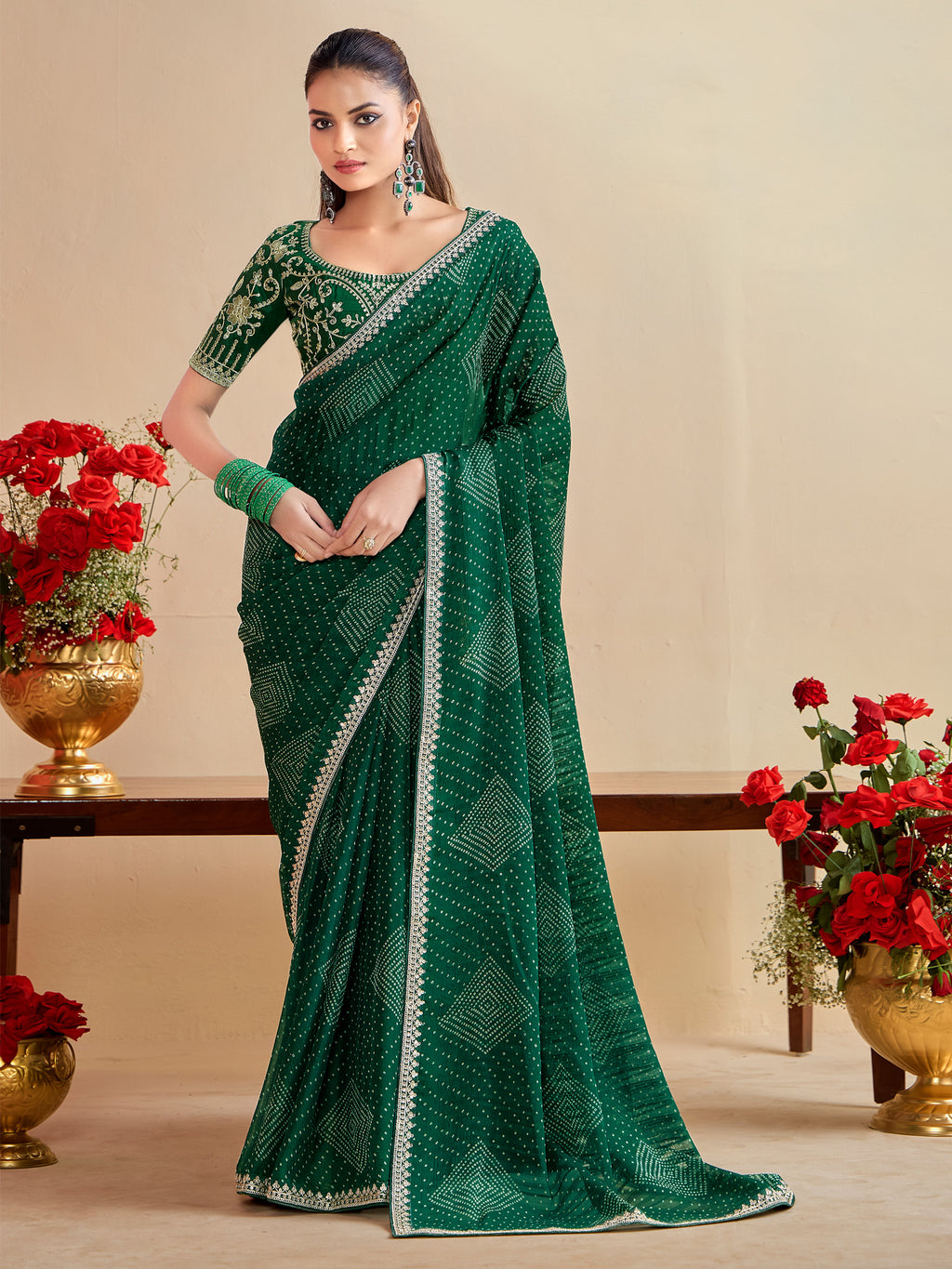 georgette green embroidered designer saree with blouse piece bndhniya1007