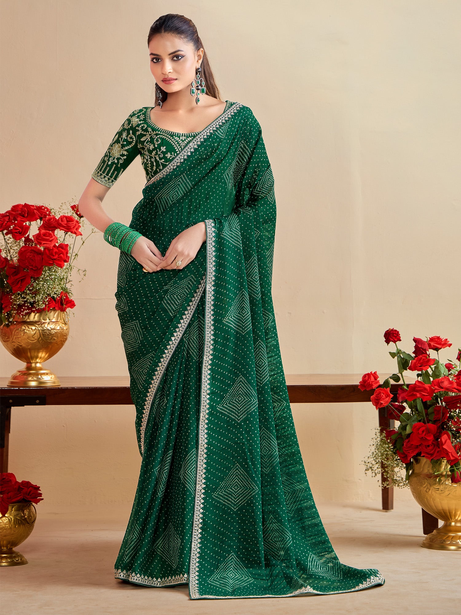 georgette green embroidered designer saree with blouse piece bndhniya1007