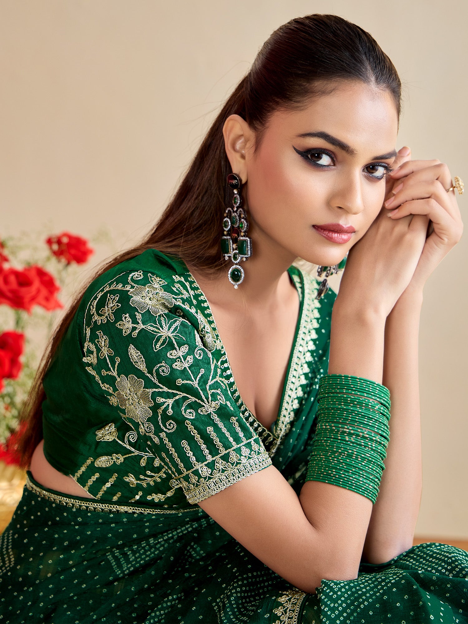 georgette green embroidered designer saree with blouse piece bndhniya1007