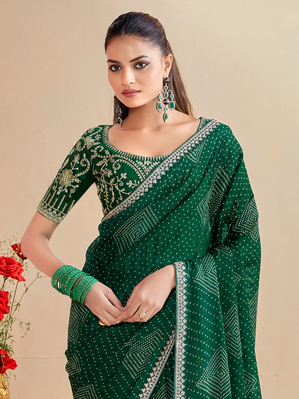 georgette green embroidered designer saree with blouse piece bndhniya1007