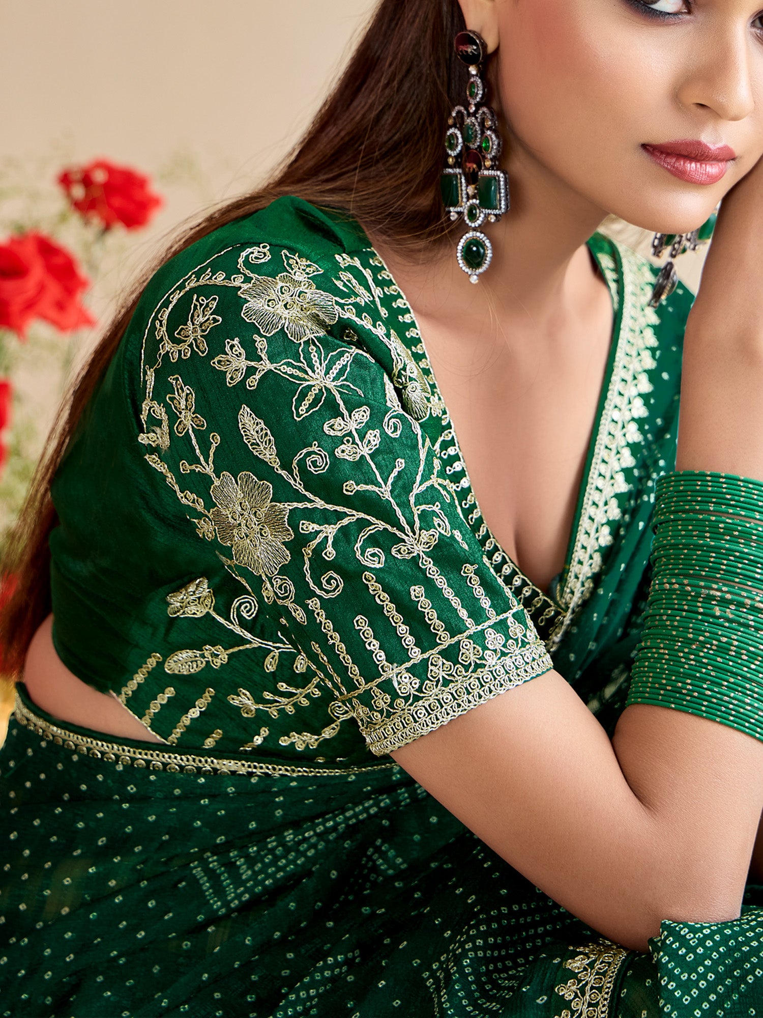 georgette green embroidered designer saree with blouse piece bndhniya1007