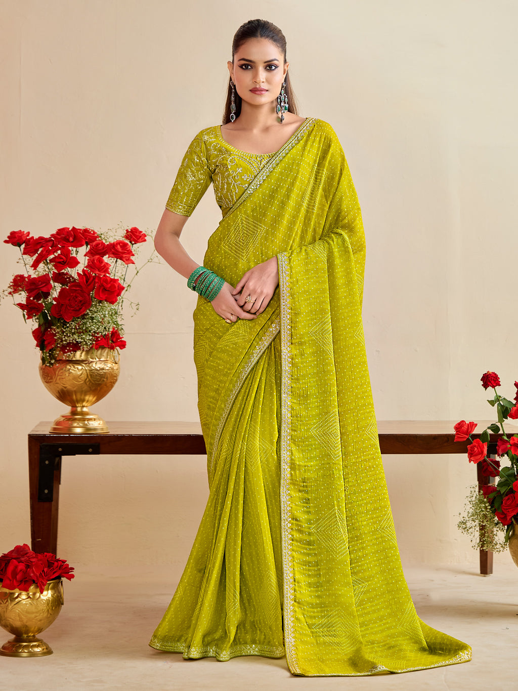 georgette lemon yellow embroidered designer saree with blouse piece bndhniya1008