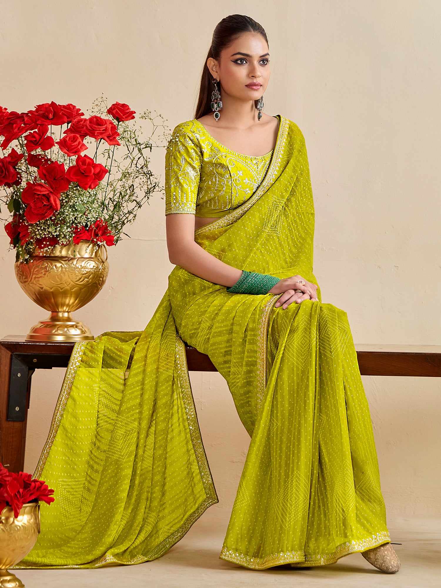 georgette lemon yellow embroidered designer saree with blouse piece bndhniya1008