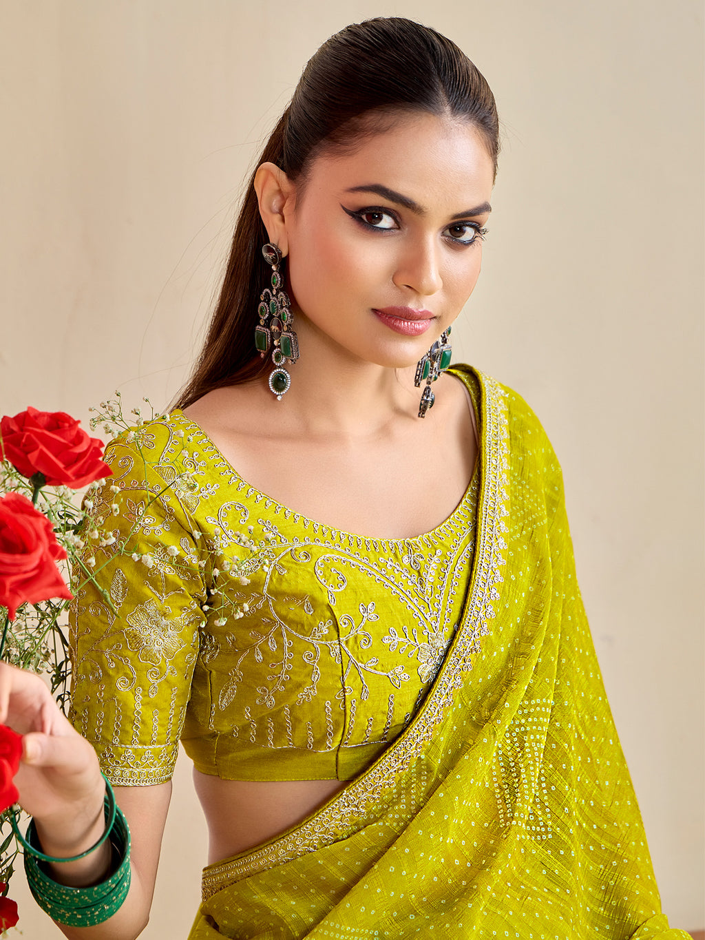 georgette lemon yellow embroidered designer saree with blouse piece bndhniya1008
