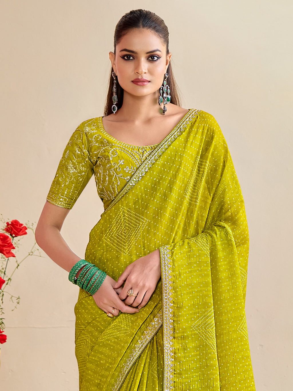 georgette lemon yellow embroidered designer saree with blouse piece bndhniya1008