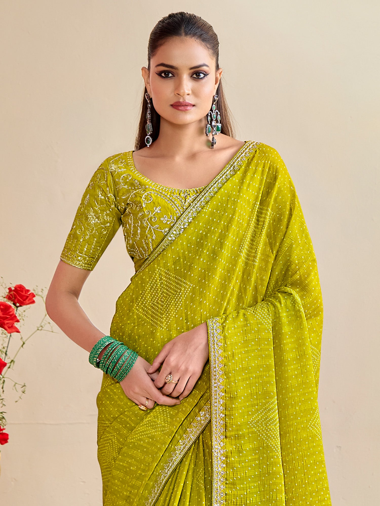 georgette lemon yellow embroidered designer saree with blouse piece bndhniya1008