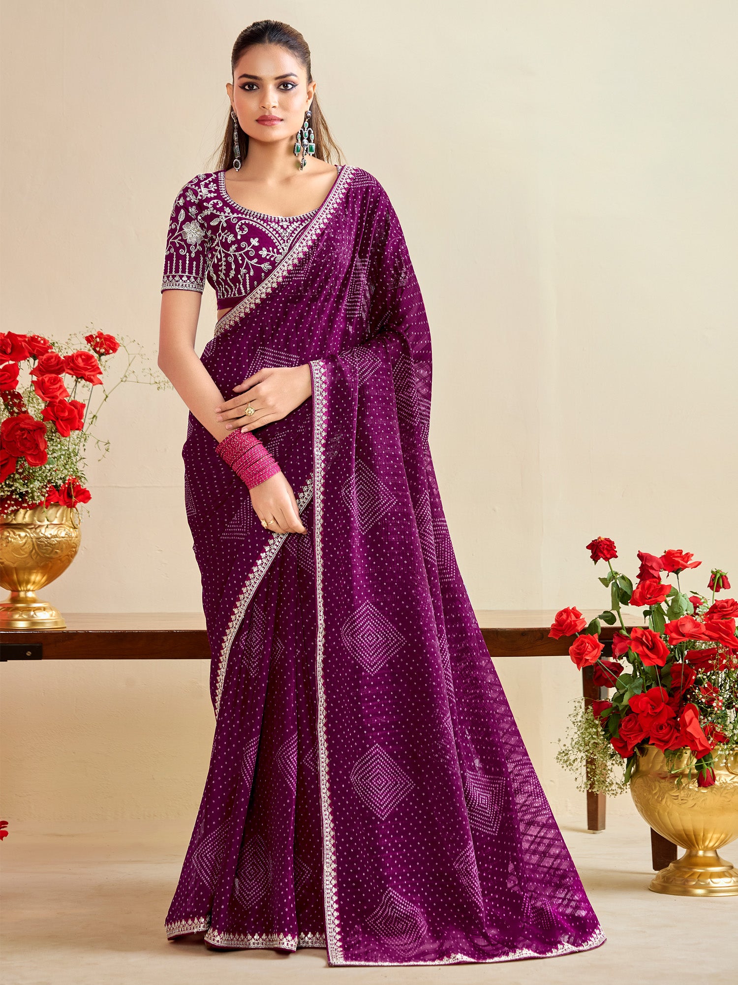 georgette purple embroidered designer saree with blouse piece bndhniya1009