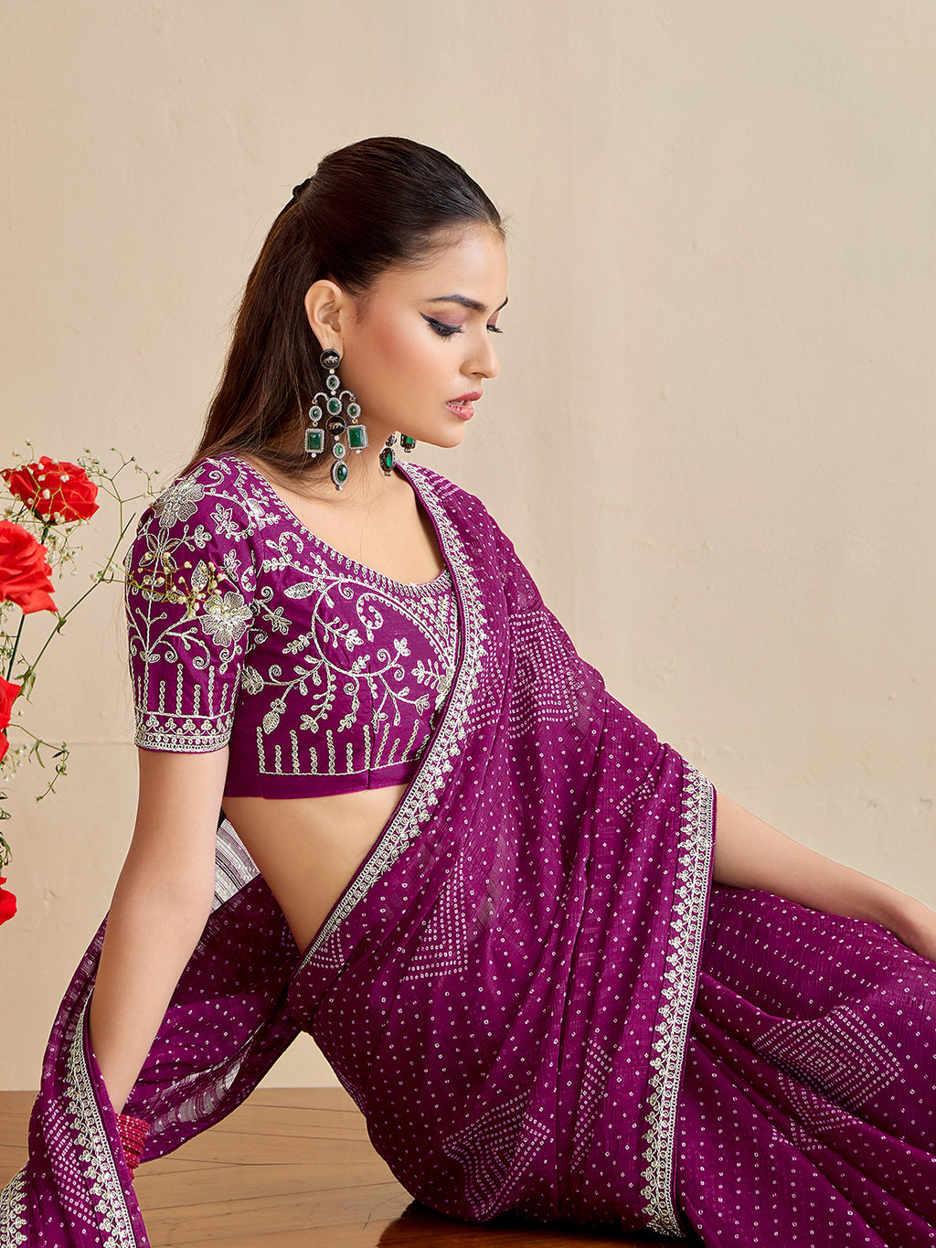 georgette purple embroidered designer saree with blouse piece bndhniya1009
