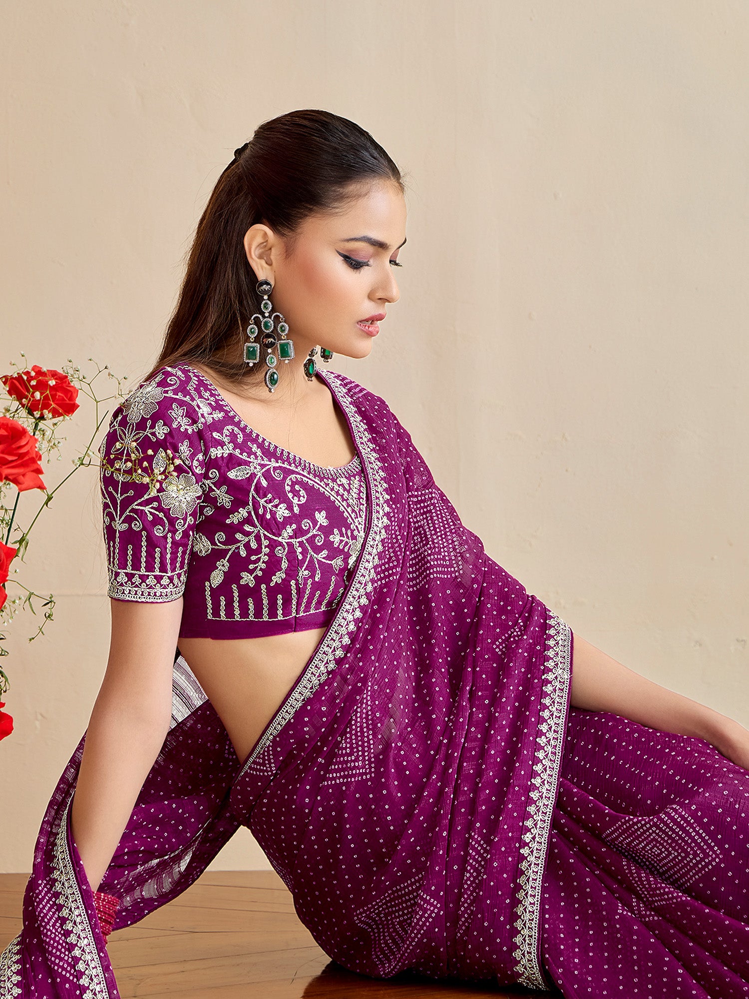 georgette purple embroidered designer saree with blouse piece bndhniya1009