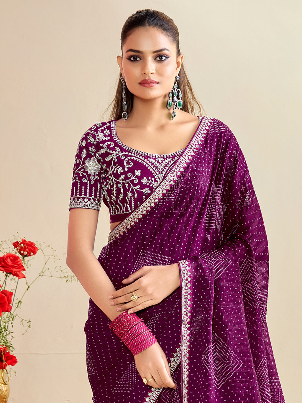 georgette purple embroidered designer saree with blouse piece bndhniya1009