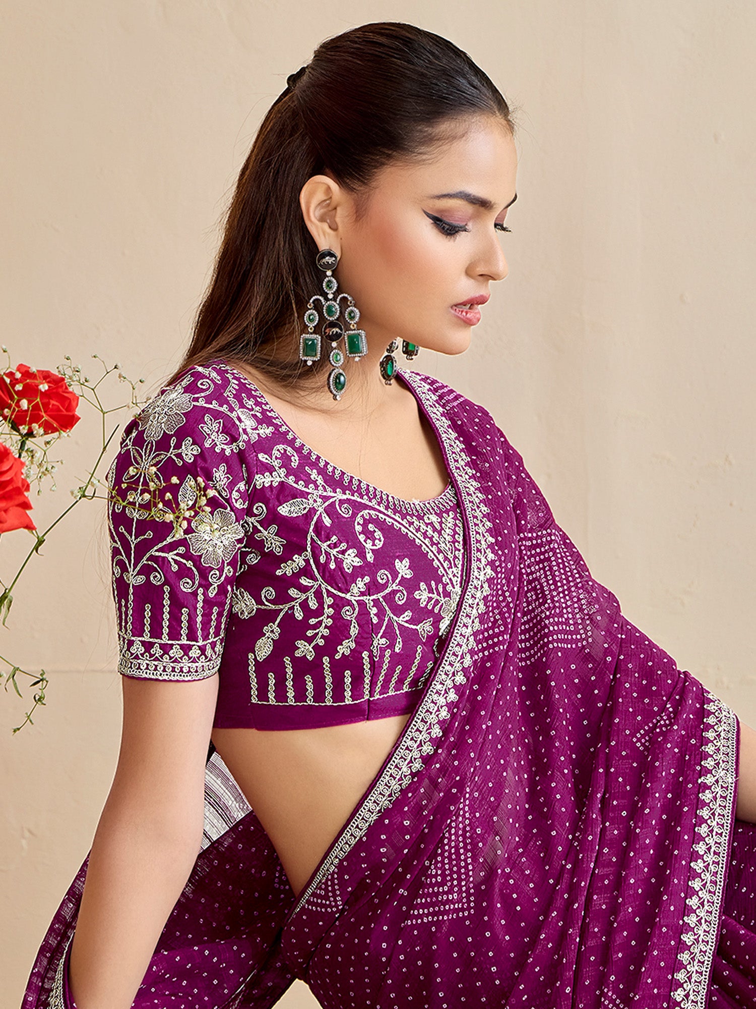 georgette purple embroidered designer saree with blouse piece bndhniya1009