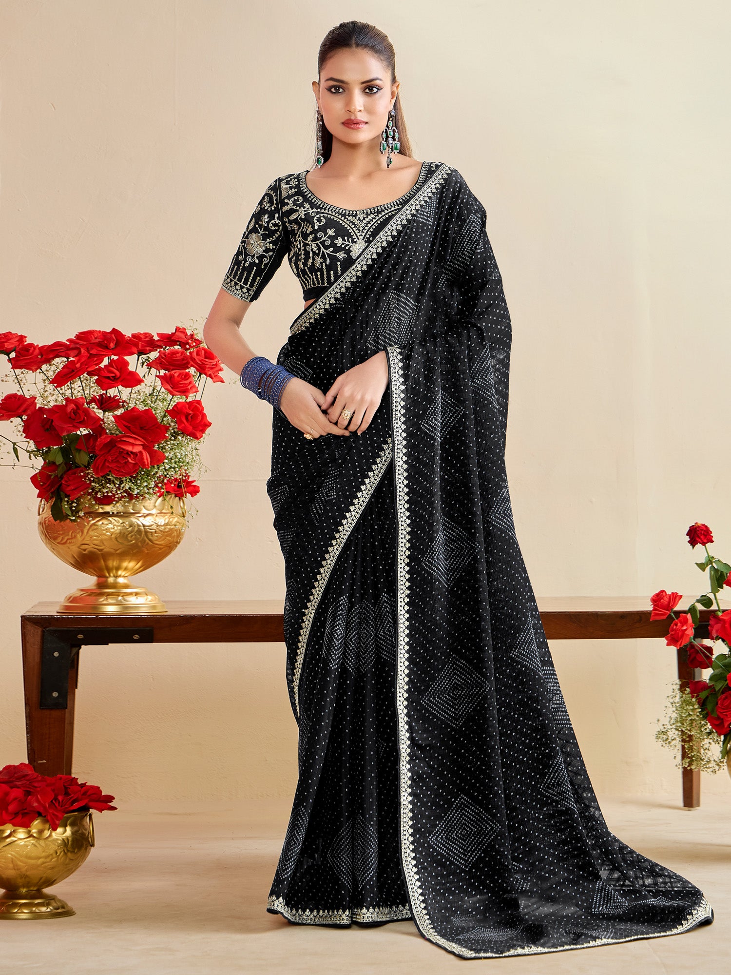georgette black embroidered designer saree with blouse piece bndhniya1010