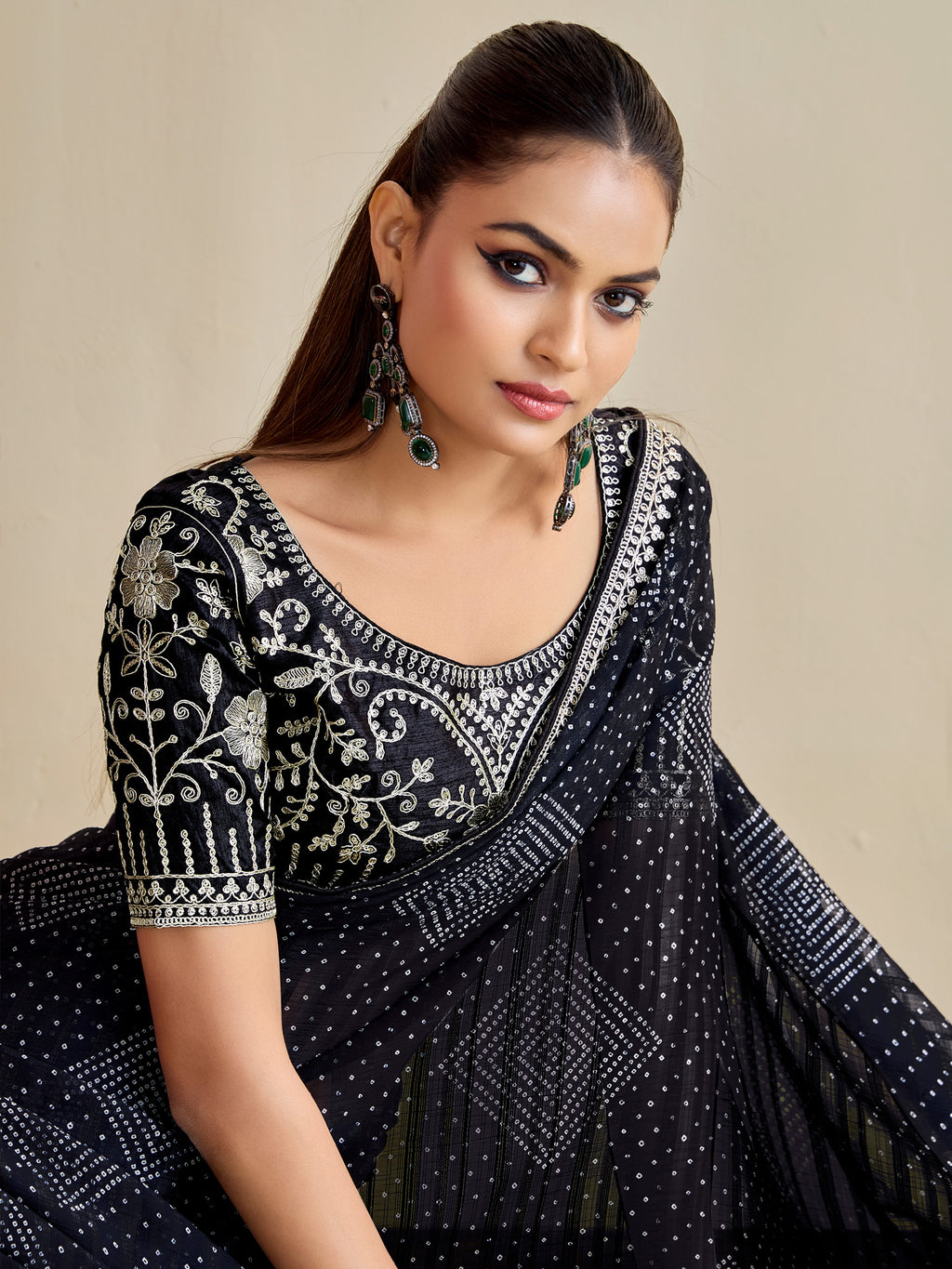 georgette black embroidered designer saree with blouse piece bndhniya1010