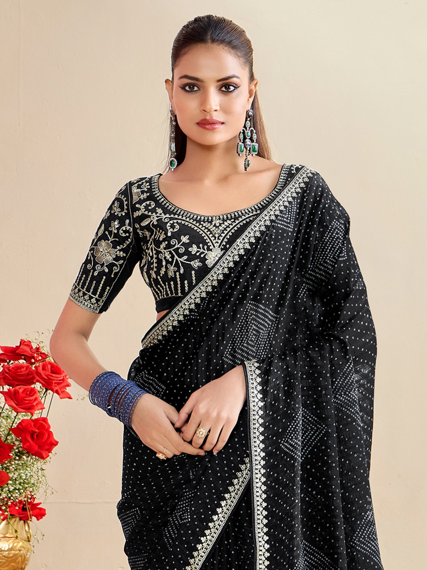 georgette black embroidered designer saree with blouse piece bndhniya1010