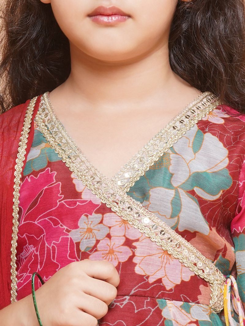 maroon multi floral printed angrakha gotta patti kurta sharara set with dupatta