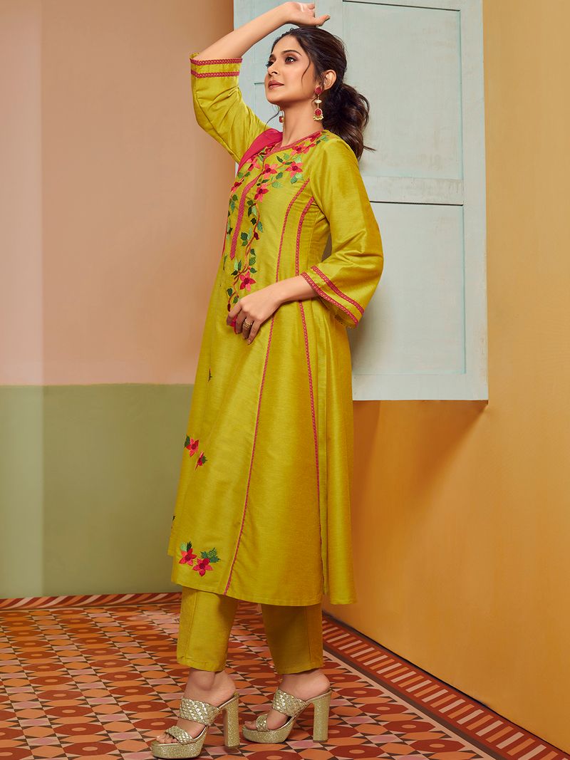 yellow embroiderd anarkali flared kurta with palazzos dupatta