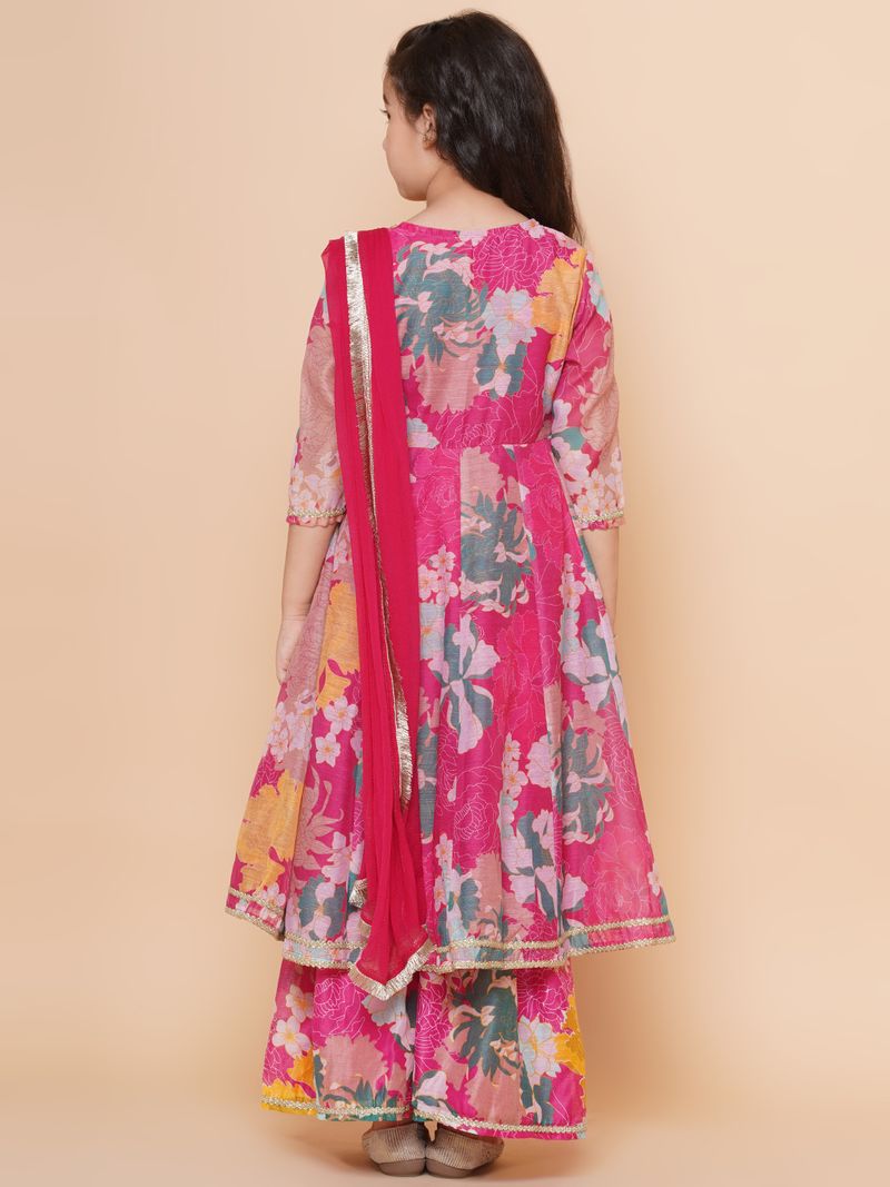 pink multi floral printed angrakha gotta patti kurta sharara set with dupatta copy