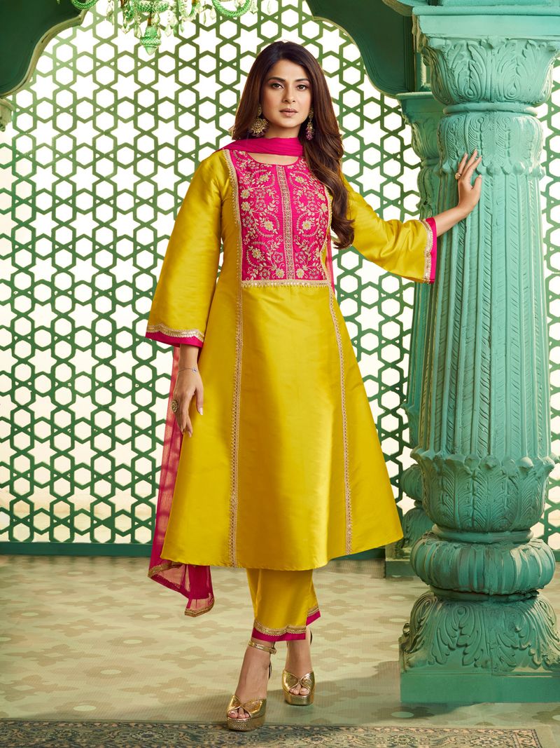 yellow with pink embroidered yoke kurta set