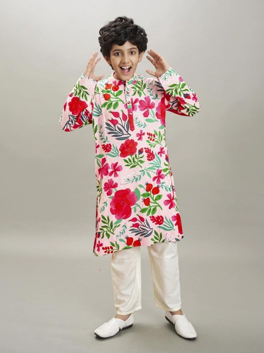 full sleeves floral print straight cut kurta with pyjama peach floral