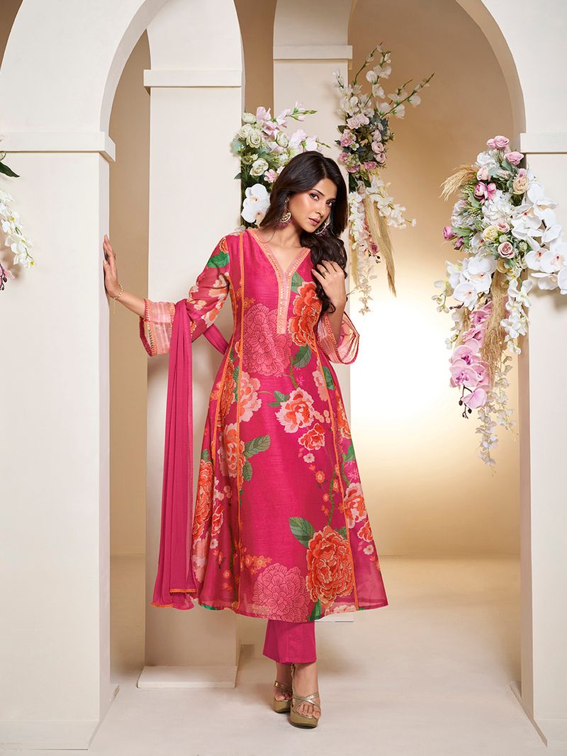 pink colour floral printed flared anarkali kurta with palazzos dupatta