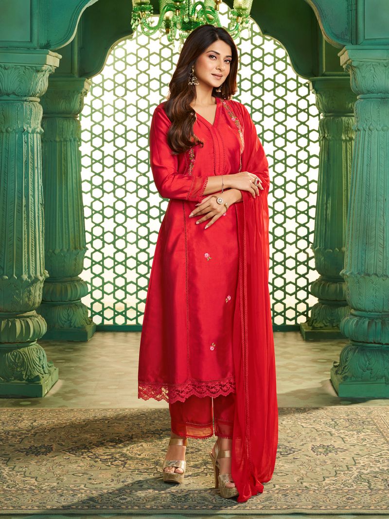 red embroidered kurta set