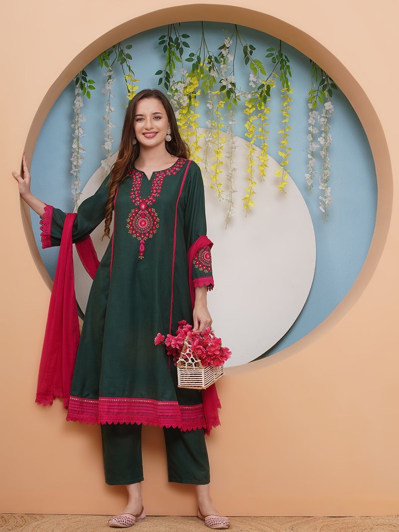 green pink embroidered kurta set
