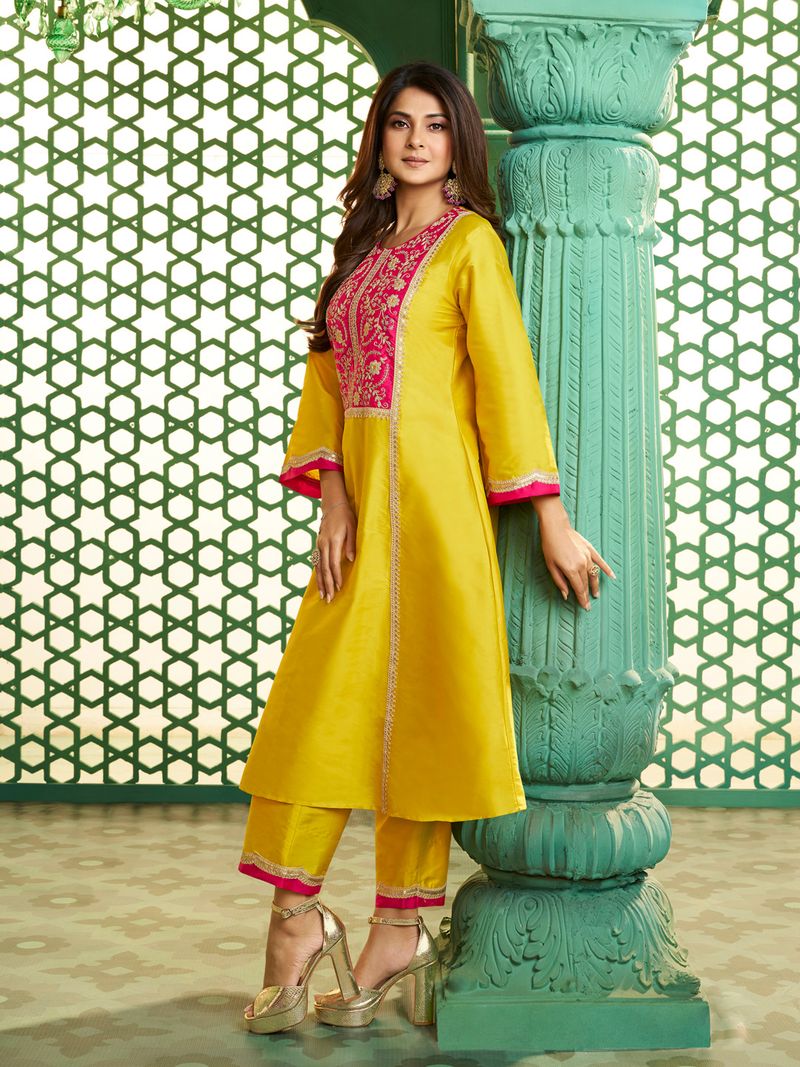 yellow with pink embroidered yoke kurta set