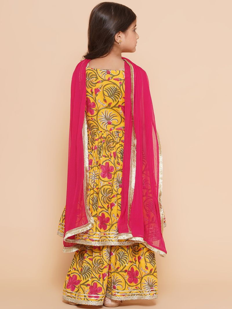 yellow floral printed empire gotta patti pure cotton kurta with sharara with dupatta