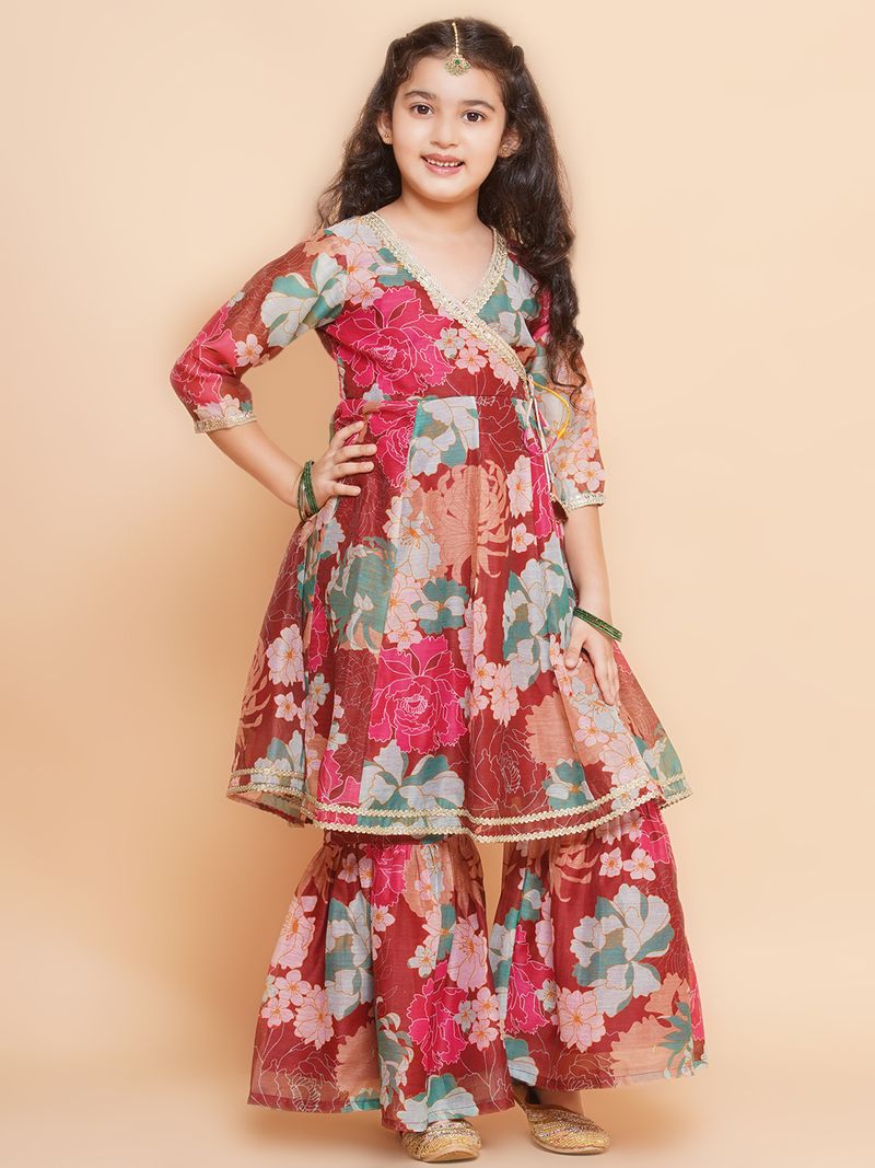 maroon multi floral printed angrakha gotta patti kurta sharara set with dupatta