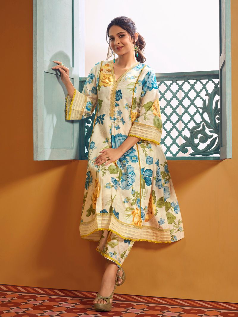 beige multi blue yellow floral printed kurta set