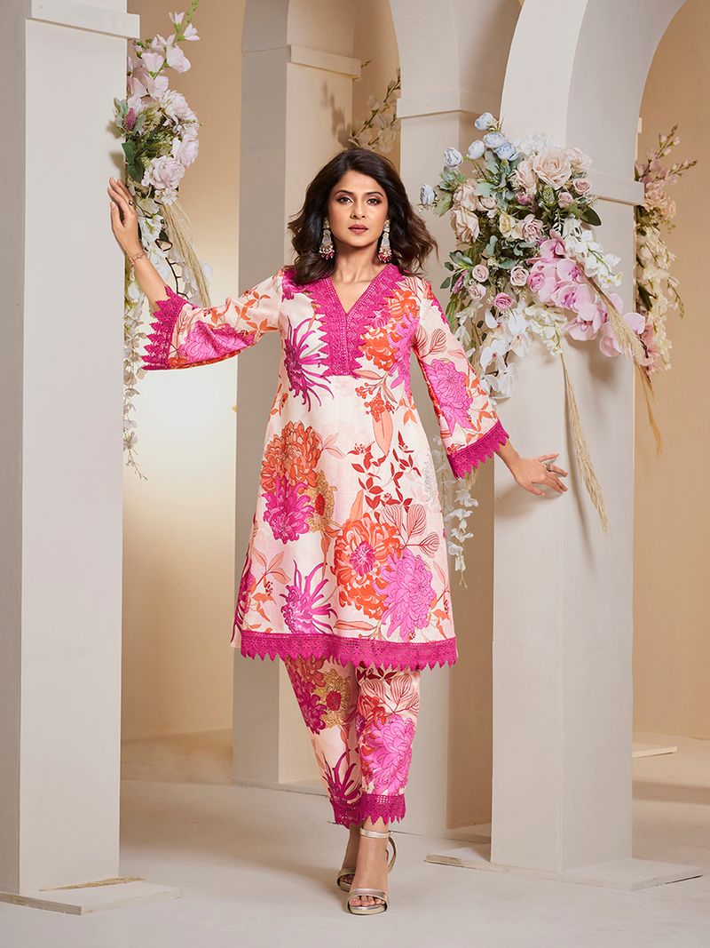 off white pink multi colour floral printed kurta set