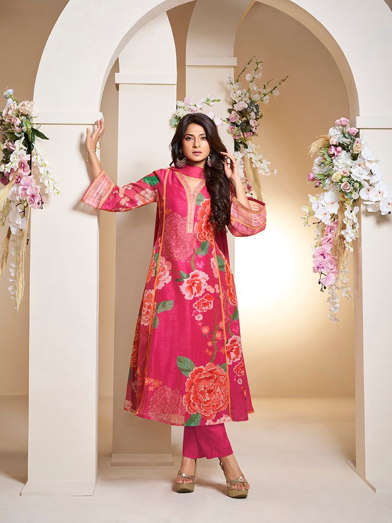 pink colour floral printed flared anarkali kurta with palazzos dupatta