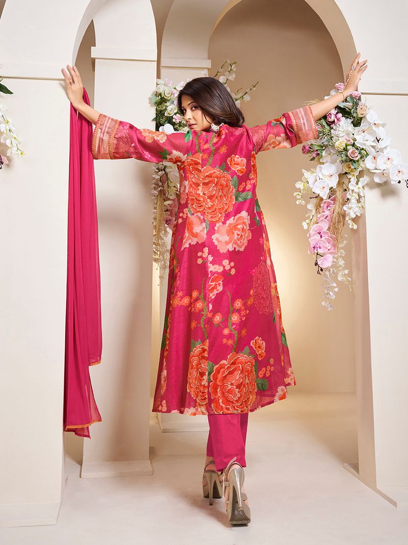 pink colour floral printed flared anarkali kurta with palazzos dupatta